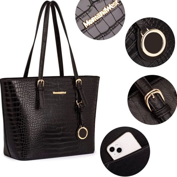 Black Montana West Totes Large Purse Shoulder Handbag with Wallet Set 3 Pcs - Picture 5 of 6
